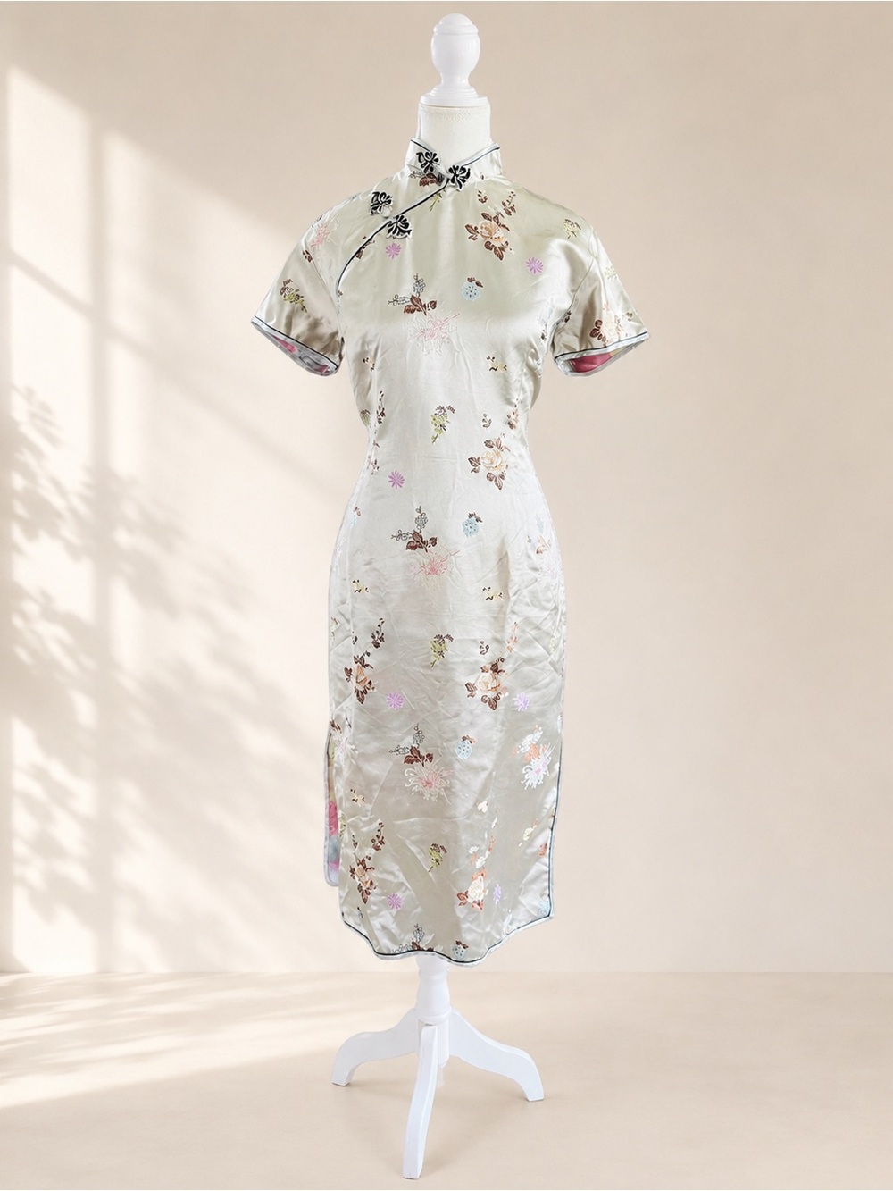 Vintage Style Satin Floral Cheongsam Dress Side Slits Size 40